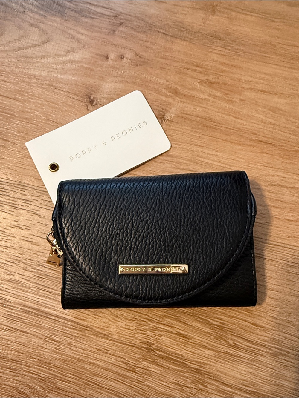 Poppy & Peonies Black Pebbled Leather Mini Wallet with Gold Hardware